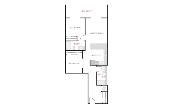 A floor plan of a house with a living room, two bedrooms, a bathroom, a kitchen, and a dining area.