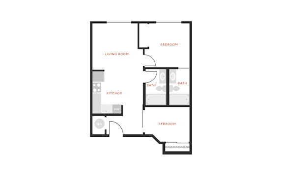 Floor Plan  A floor plan of a house with a living room, kitchen, and two bedrooms.
