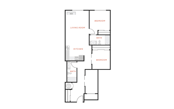 A floor plan of a small apartment with a living room, kitchen, and two bedrooms.