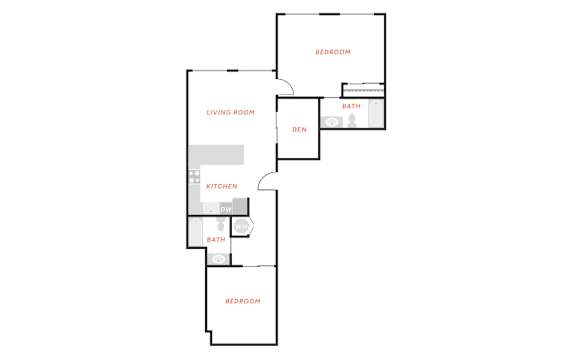 A floor plan of a house with a living room, kitchen, and two bedrooms.