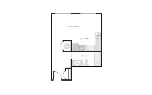 A floor plan of a living room, kitchen, and bath.