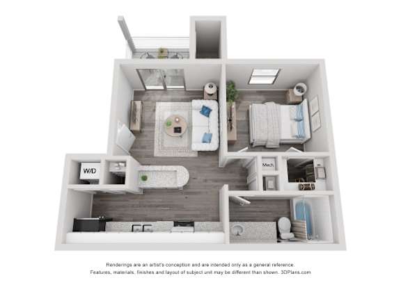 A 3D floor plan of a house with a kitchen, living room, and two bedrooms.