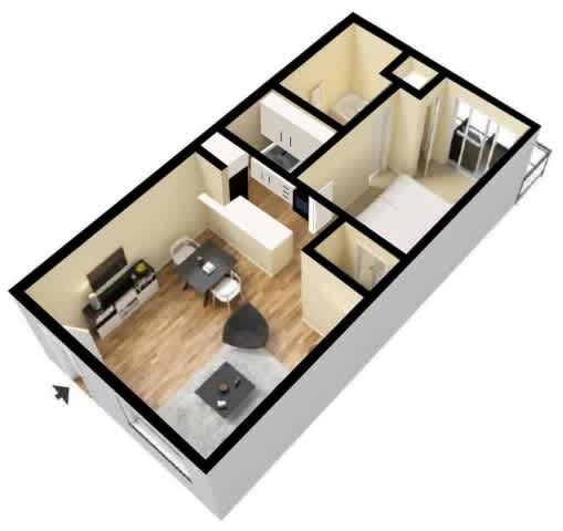 A 3D floor plan of a small apartment with a kitchen, living room, and bedroom.