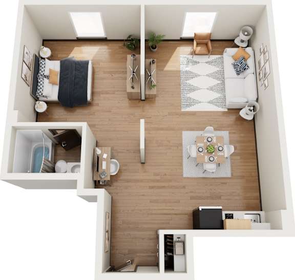 A top-down view of a small apartment with a living room, kitchen, and bedroom.