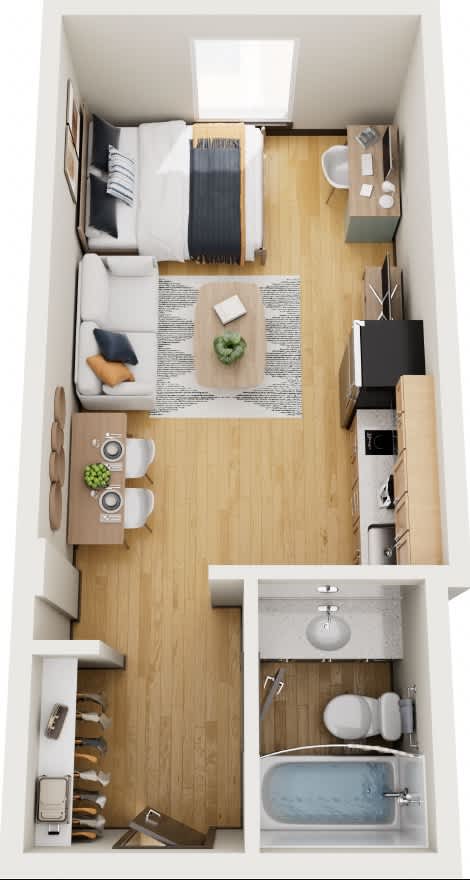 A small, neatly organized apartment with a kitchen, living room, and bathroom.