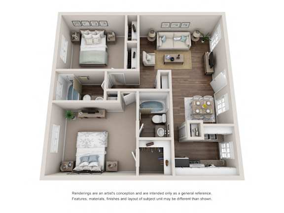 A 3D floor plan of a small apartment with two bedrooms, a living room, and a kitchen.