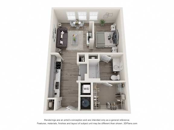 A 3D floor plan of a small apartment with a kitchen, living room, and bedroom.