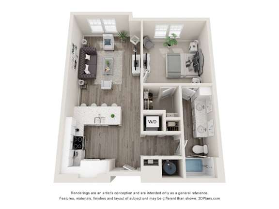 A 3D floor plan of a house with a kitchen, living room, and bathroom.
