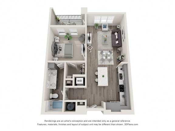 A 3D floor plan of a house with a kitchen, living room, and two bedrooms.