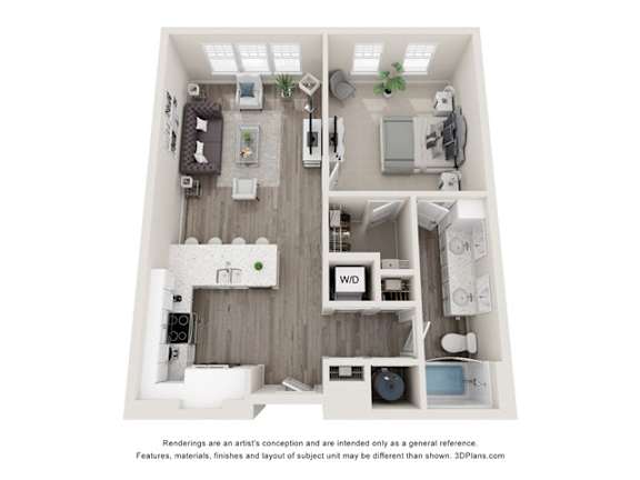 A 3D floor plan of a house with a kitchen, living room, and bathrooms.