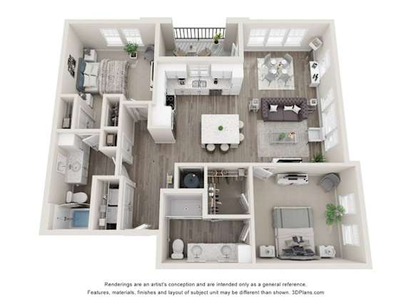 A 3D floor plan of a house with a kitchen, living room, and bathroom.