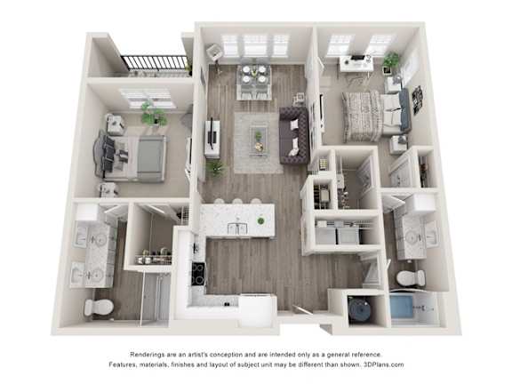 A 3D floor plan of a small apartment with a kitchen, living room, and bedrooms.