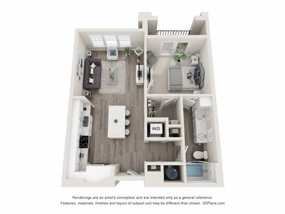 A 3D floor plan of a small apartment with a kitchen, living room, and bathroom.