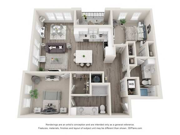 A 3D floor plan of a house with a kitchen, living room, and bathroom.