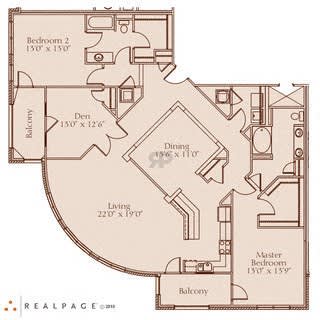 A floor plan of a house with a den, dining room, living room, and two bedrooms.