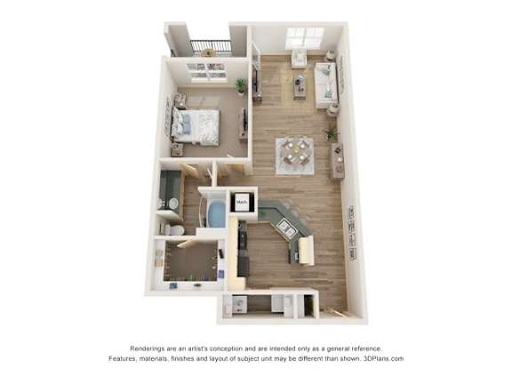 A 3D floor plan of a house with a kitchen, living room, and two bedrooms.