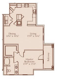 A floor plan of a house with a dining room, living room, master bedroom, and balcony.