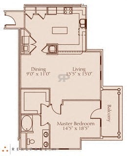 A floor plan of a house with a dining room, living room, and master bedroom.