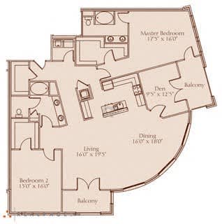A floor plan of a house with a master bedroom, a den, a dining area, a living room, and two balconies.