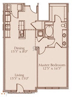 A floor plan of a room with a dining area of 13'5" x 8'0", a living area of 13'5" x 13'0", and a master bedroom of 12