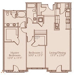 A floor plan of a house showing a master bedroom, a second bedroom, and a living/dining area.