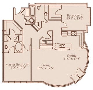 A floor plan of a house with a master bedroom, a living room, a dining area, and two additional bedrooms.