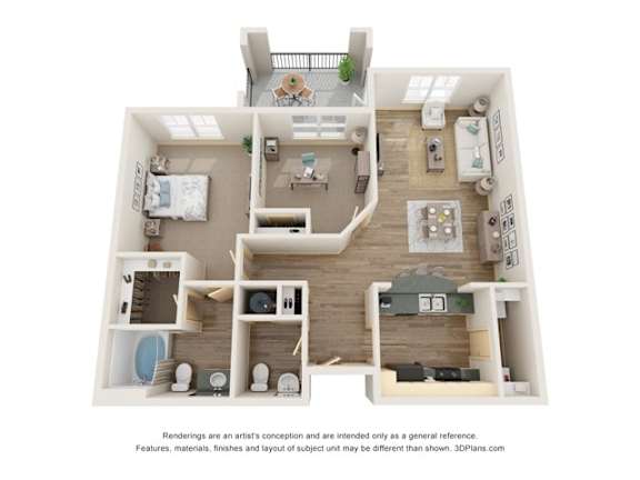 A 3D floor plan of a house with a kitchen, living room, and bathrooms.