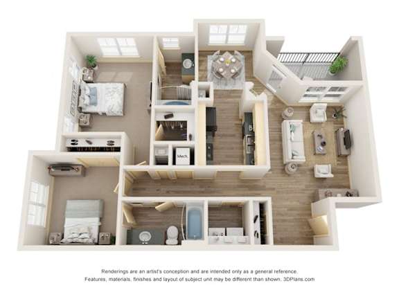 A 3D floor plan of a house with a kitchen, living room, and bedrooms.