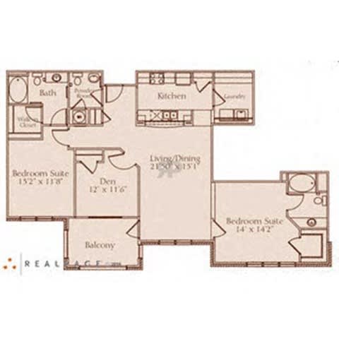 A floor plan of a house with a living room, two bedrooms, a kitchen, a bathroom, and a den.