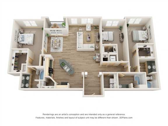 A 3D floor plan of a house with a kitchen, living room, and bedrooms.