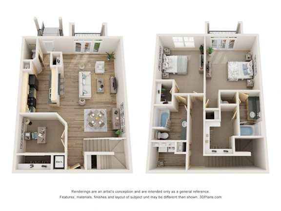 A floor plan of a two-bedroom apartment with a kitchen and living room.
