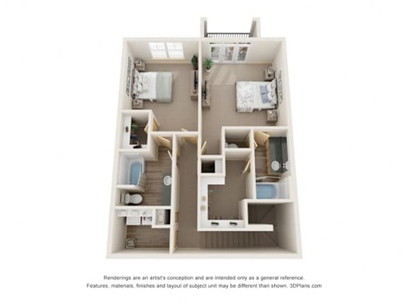 A 3D floor plan of a small apartment with two bedrooms, a living room, and a kitchen.