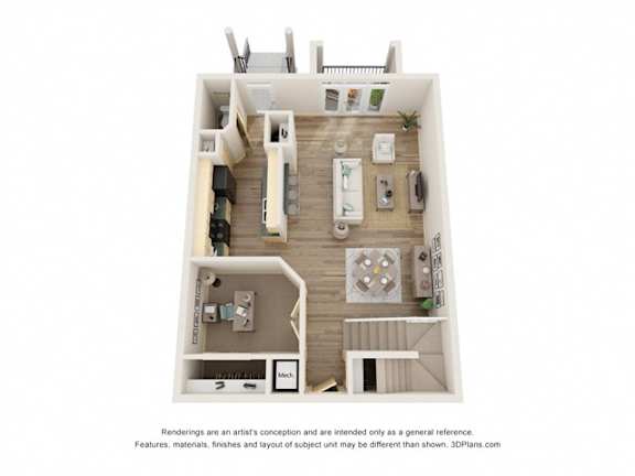 A 3D floor plan of a small apartment with a kitchen, living room, and bathroom.