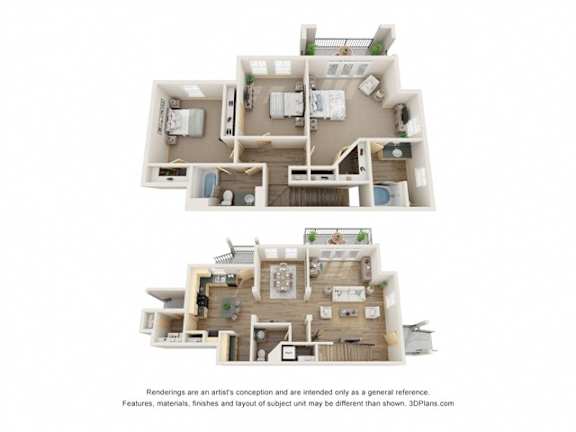 A 3D floor plan of a house with two bedrooms, a living room, a kitchen, and a bathroom.