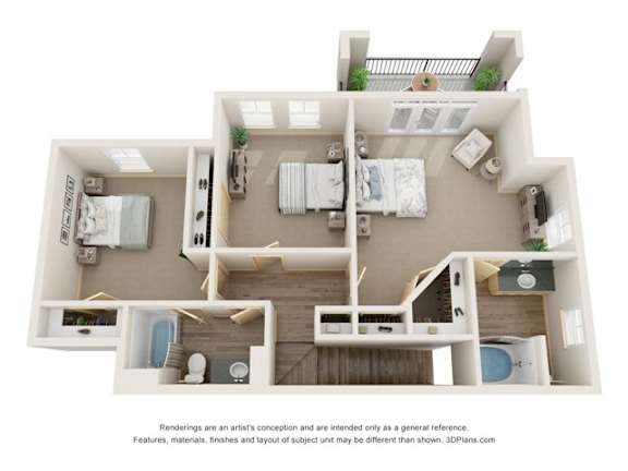 A 3D floor plan of a house with two bedrooms, a living room, a kitchen, and a bathroom.