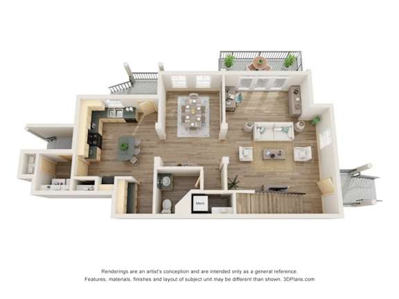 A 3D floor plan of a house with a kitchen, living room, and two bedrooms.