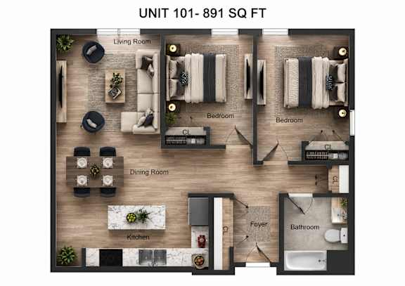 A floor plan of a 891 square foot apartment with a living room, two bedrooms, a dining room, a kitchen, a foyer, and a bathroom.