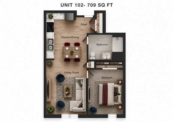 A floor plan of a 709 square foot apartment with a living room, kitchen/dining area, bathroom, and bedroom.