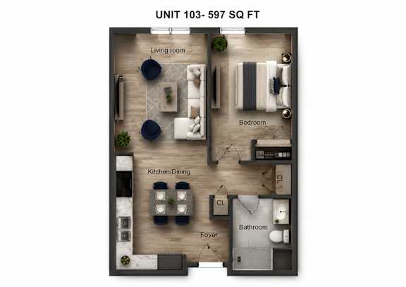 A floor plan of a 597 square foot apartment with a living room, bedroom, kitchen/dining area, and bathroom.