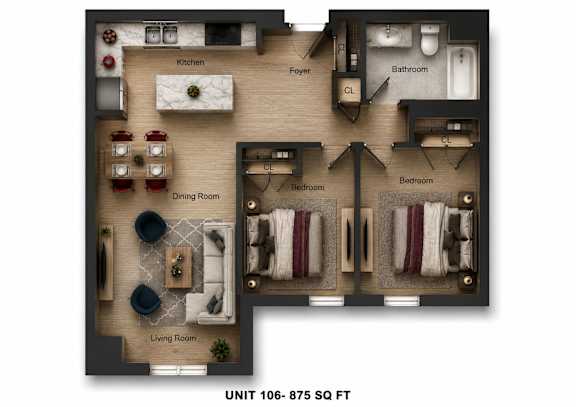 A floor plan of a living space with a kitchen, dining room, living room, and two bedrooms.