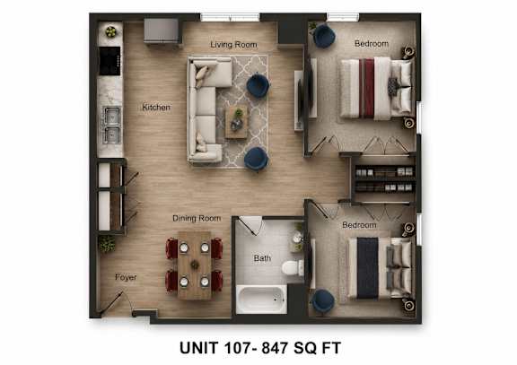 A floor plan of a small apartment with a living room, kitchen, dining room, and two bedrooms.