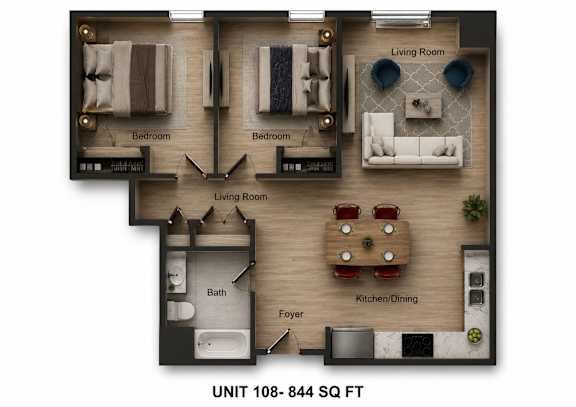 A floor plan of a living space with a living room, kitchen, dining area, and two bedrooms.