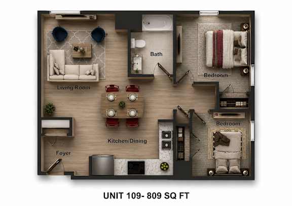 A floor plan of a 809 square foot apartment with a living room, kitchen/dining area, two bedrooms, and a bathroom.
