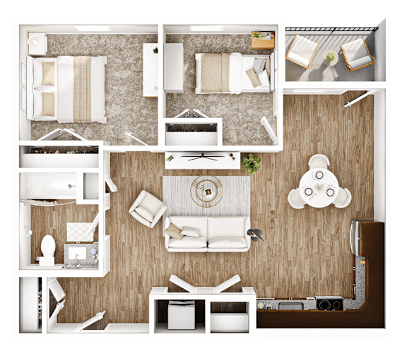 A top-down view of a room with a bed, a couch, a table, and a chair.