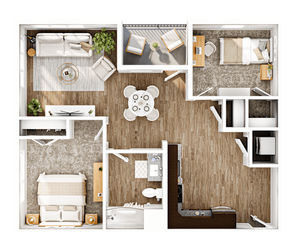 A top-down view of a well-organized apartment with a kitchen, living room, and bedroom.