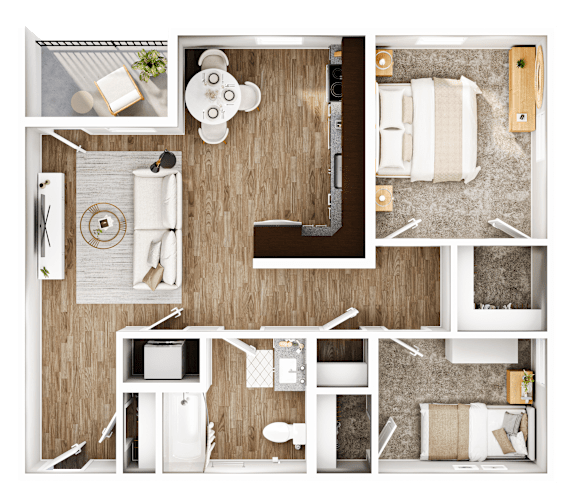 A top-down view of a small, well-organized apartment with a kitchen, living room, and bathroom.