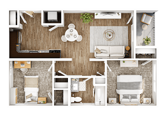 A top-down view of a small apartment with a kitchen, living room, and bathroom.