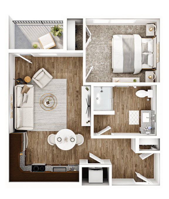 A top-down view of a small, neatly organized apartment with a kitchen, living room, and bathroom.