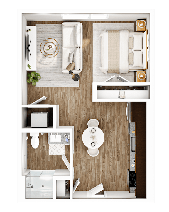 A top-down view of a small, neatly organized apartment with a bed, a desk, and a toilet.