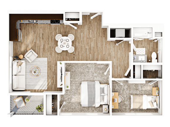 A top-down view of a small apartment layout with a kitchen, living room, and bathroom.